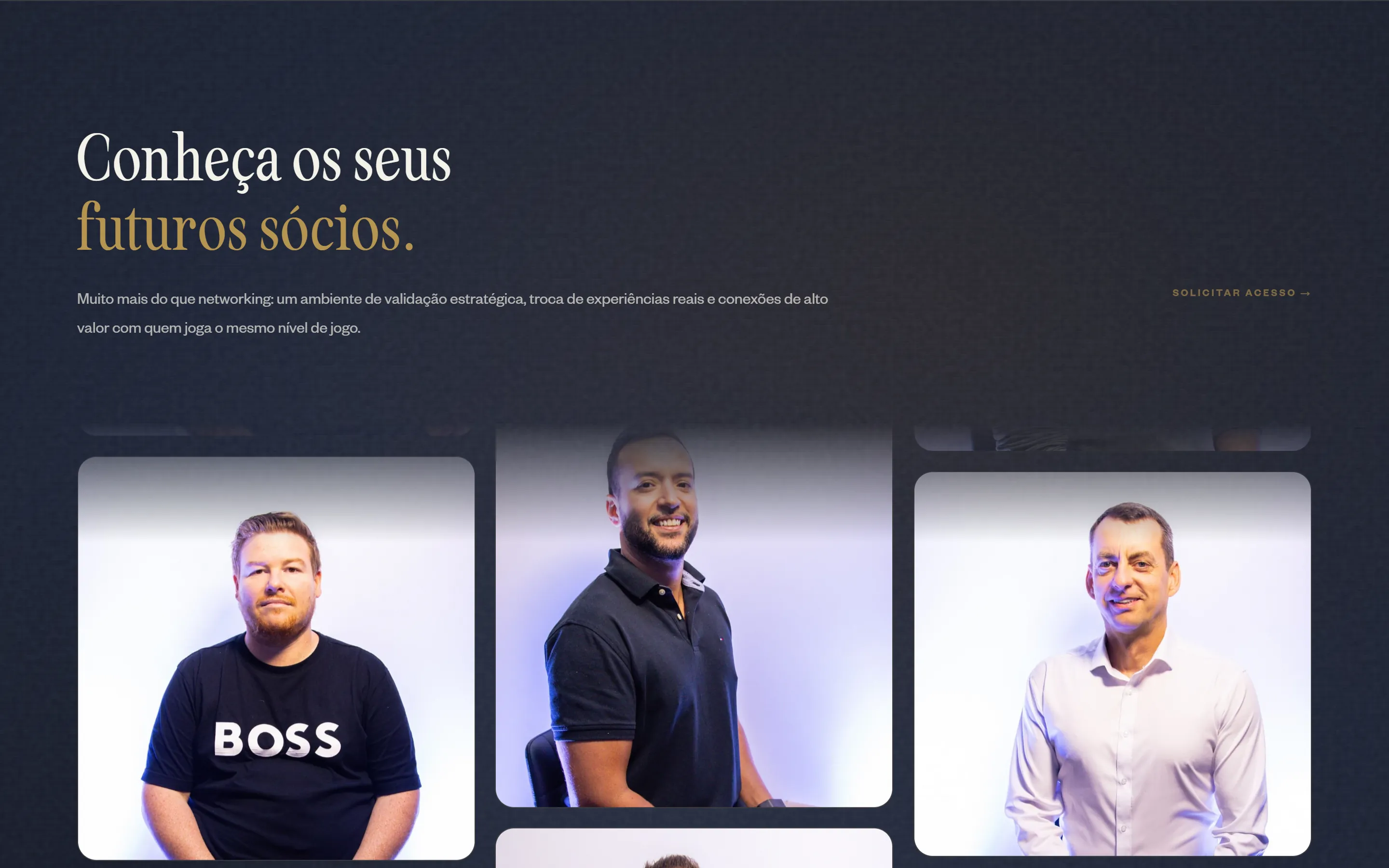 Seção Conheça os seus futuros sócios, com o mural de fotos dos sócios em três colunas sobre fundo azul-marinho.