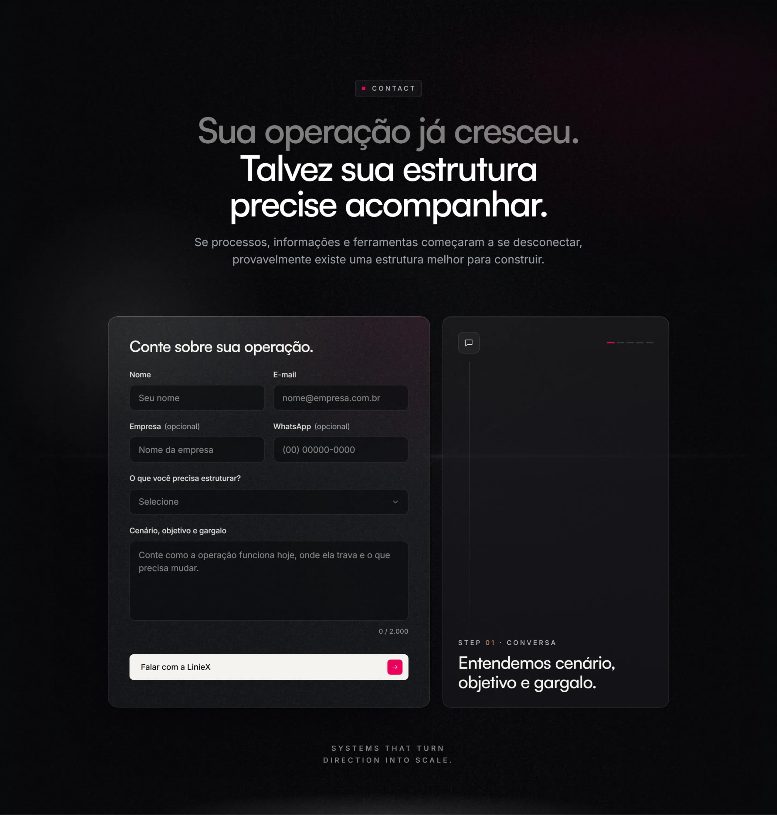 Seção de contato: título “Sua operação já cresceu. Talvez sua estrutura precise acompanhar.”, formulário em vidro com os campos Nome, E-mail, Empresa, WhatsApp, tema e mensagem, e o card “Step 01 · Conversa”.
