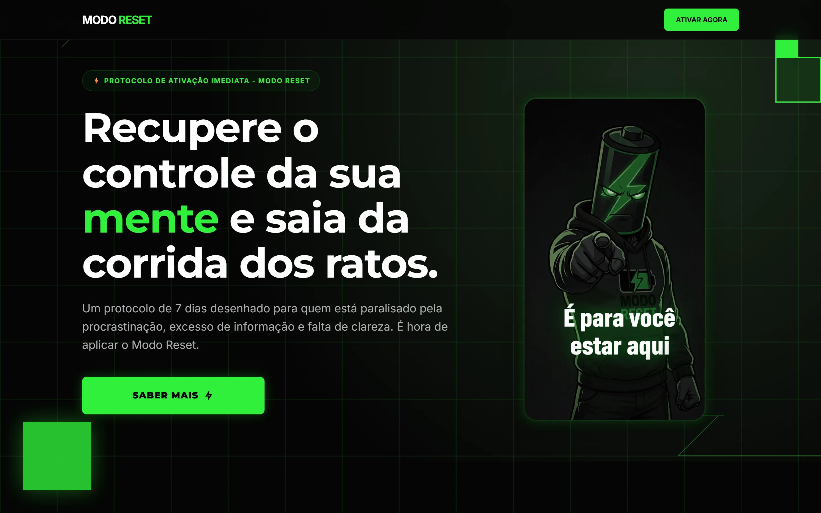 Topo do site do Modo Reset no desktop: fundo escuro com grade e linhas em neon, badge "Protocolo de ativação imediata", título "Recupere o controle da sua mente e saia da corrida dos ratos." com "mente" em verde-neon, botão "Saber mais" e o mascote ilustrado em forma de bateria à direita.