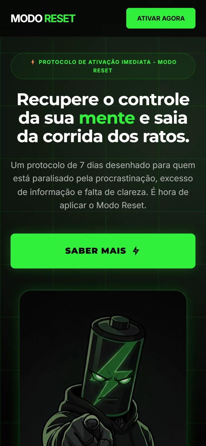 Topo do site do Modo Reset no celular, com o mesmo título centralizado, botão "Saber mais" em largura total e o mascote de bateria abaixo do texto.