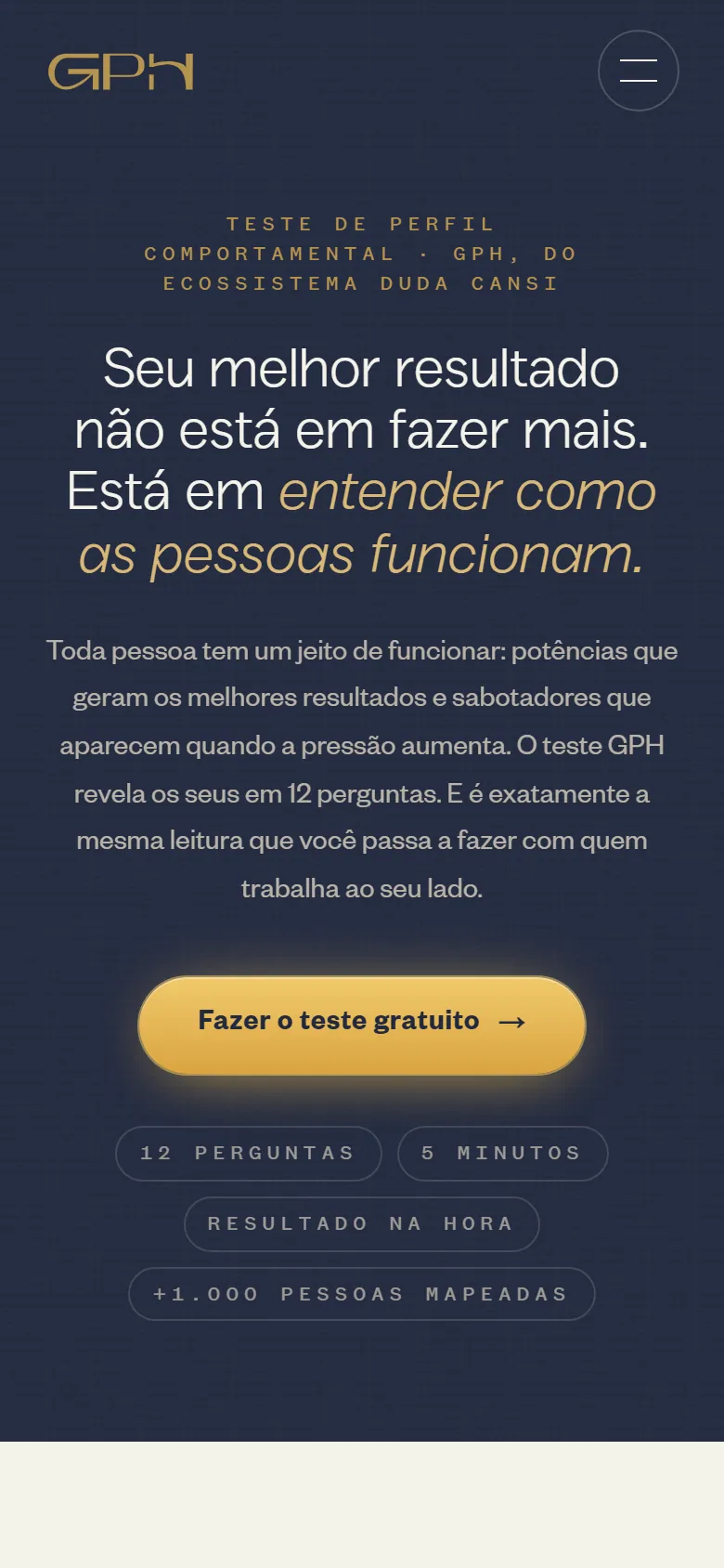 Topo do site da GPH no celular, com logo, botão de menu, título centralizado com trecho em dourado, botão “Fazer o teste gratuito” e etiquetas empilhadas.