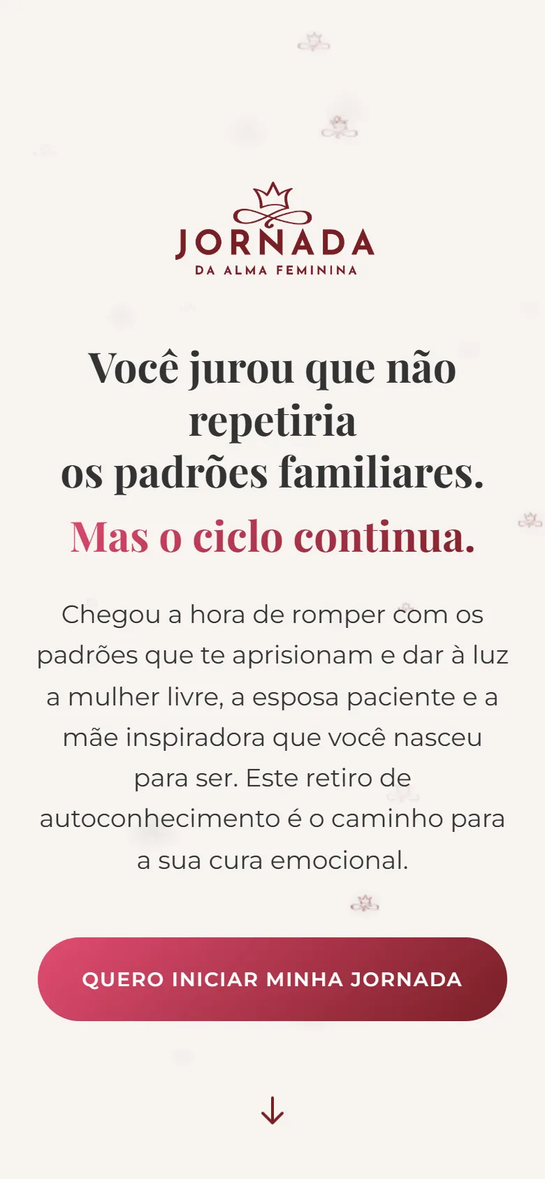 Topo da página no celular, com logotipo, título em duas cores, subtítulo centralizado e botão de chamada em largura total.