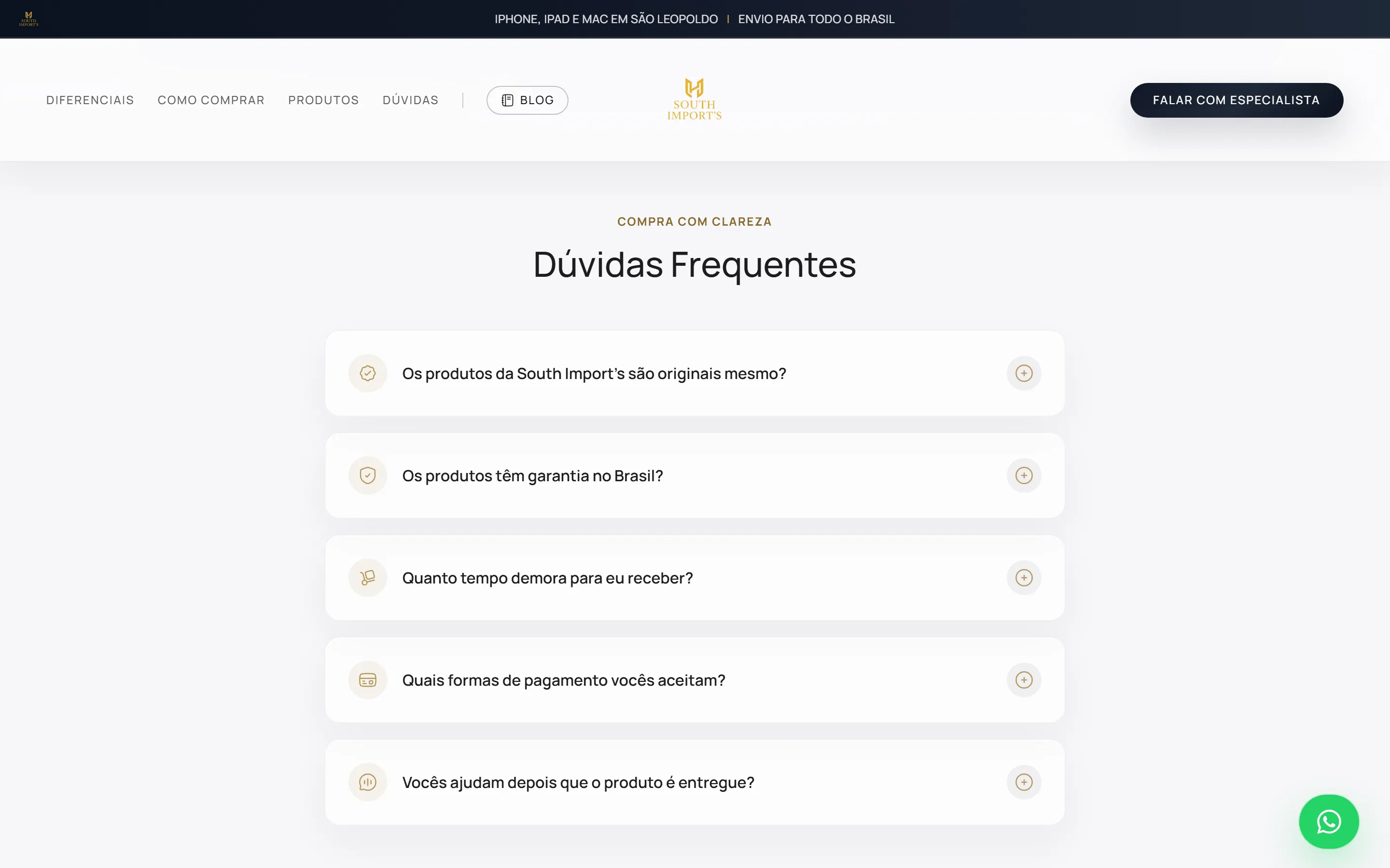 Seção de perguntas frequentes da South Import's, com cinco perguntas em acordeão fechado, cada uma com um ícone circular.