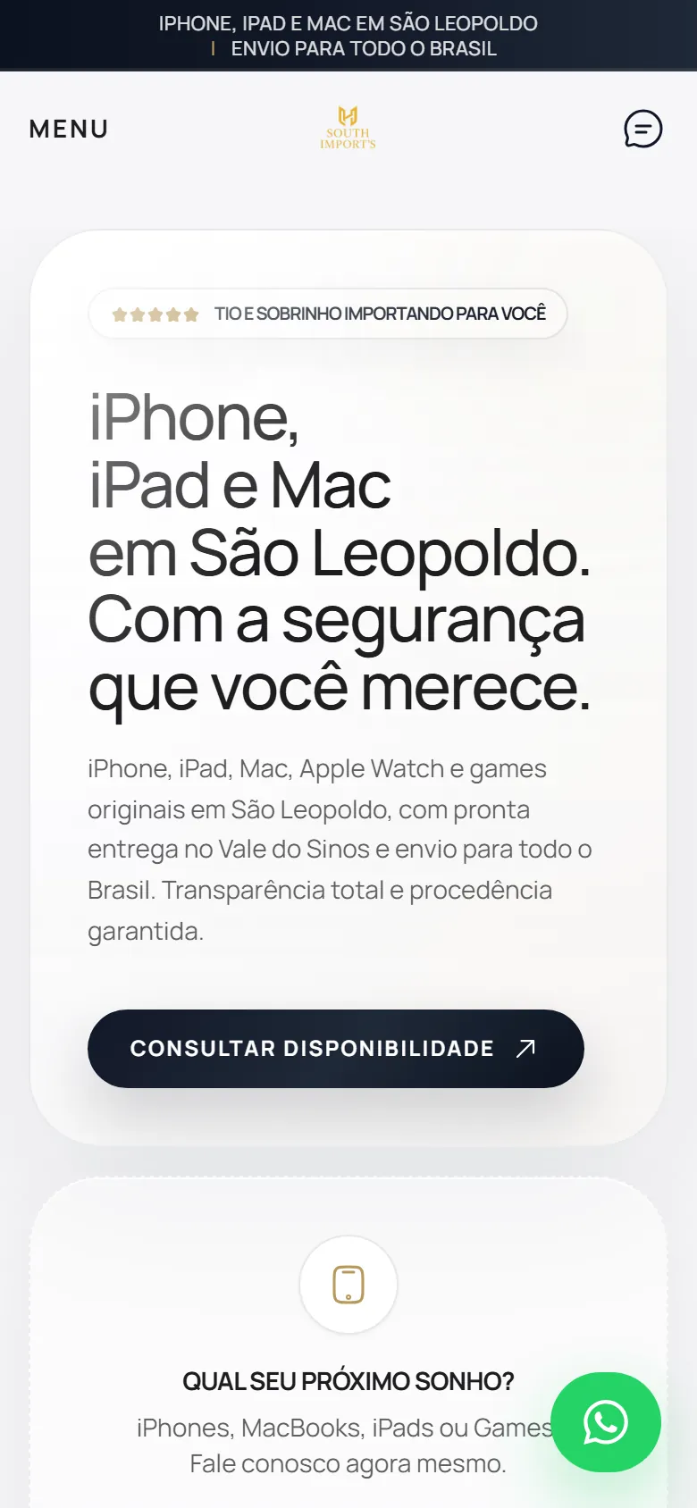 Topo do site da South Import's no celular, com o mesmo título centralizado e o botão "Consultar disponibilidade" em largura total.