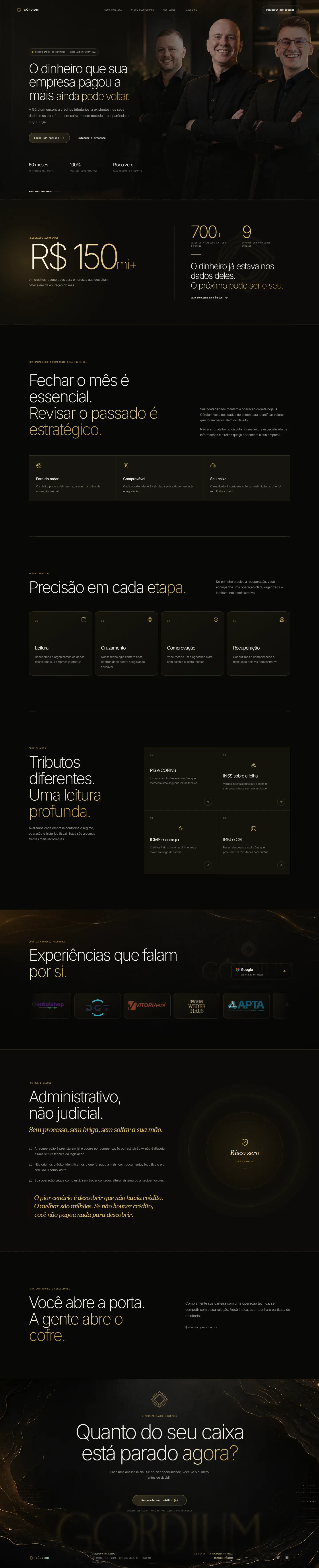 Página inicial completa da Górdium no desktop, do topo ao rodapé: números de resultado, método em quatro etapas, tributos analisados, logotipos de empresas, seção sobre segurança, bloco para parceiros e chamada final.