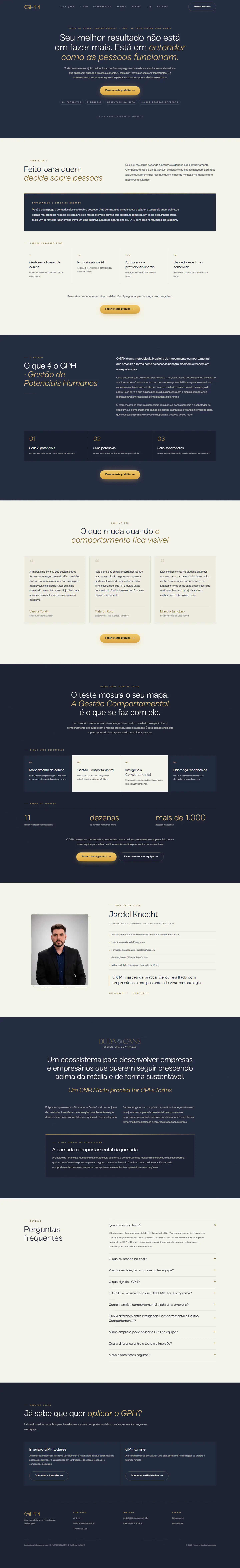 Página inicial completa da GPH no desktop, com seções alternando fundo azul-escuro e claro: para quem é, o que é o GPH, depoimentos, resultados além do teste, criador do método, ecossistema, perguntas frequentes, próximo passo e rodapé.