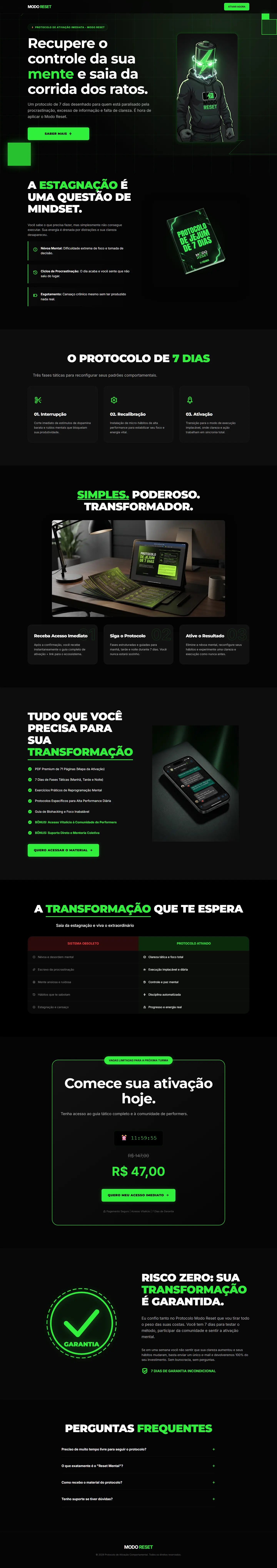 Página do Modo Reset no desktop, do topo ao rodapé: problema em três pontos, protocolo de 7 dias em três fases, jornada visual do produto, lista do que está incluso, tabela de antes-e-depois, oferta com cronômetro e preço, garantia e perguntas frequentes.