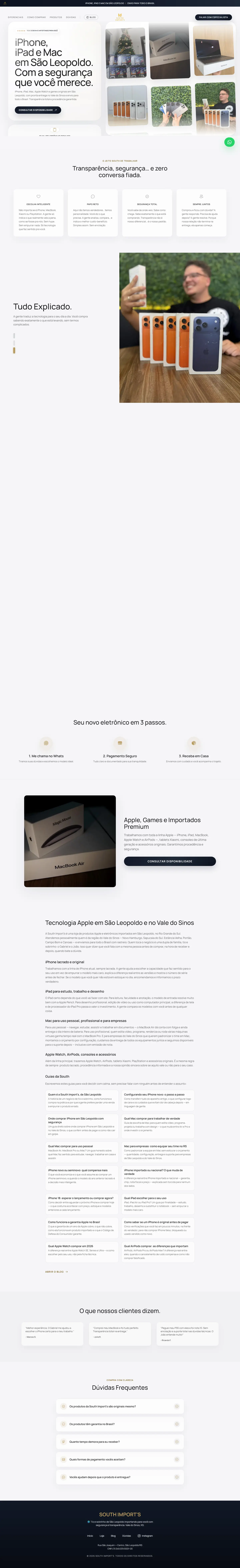Página inicial completa da South Import's no desktop, do hero ao rodapé: diferenciais, seção de rolagem sobre o atendimento, os três passos da compra, a linha de produtos, o texto institucional por categoria, os guias do blog, depoimentos e perguntas frequentes.